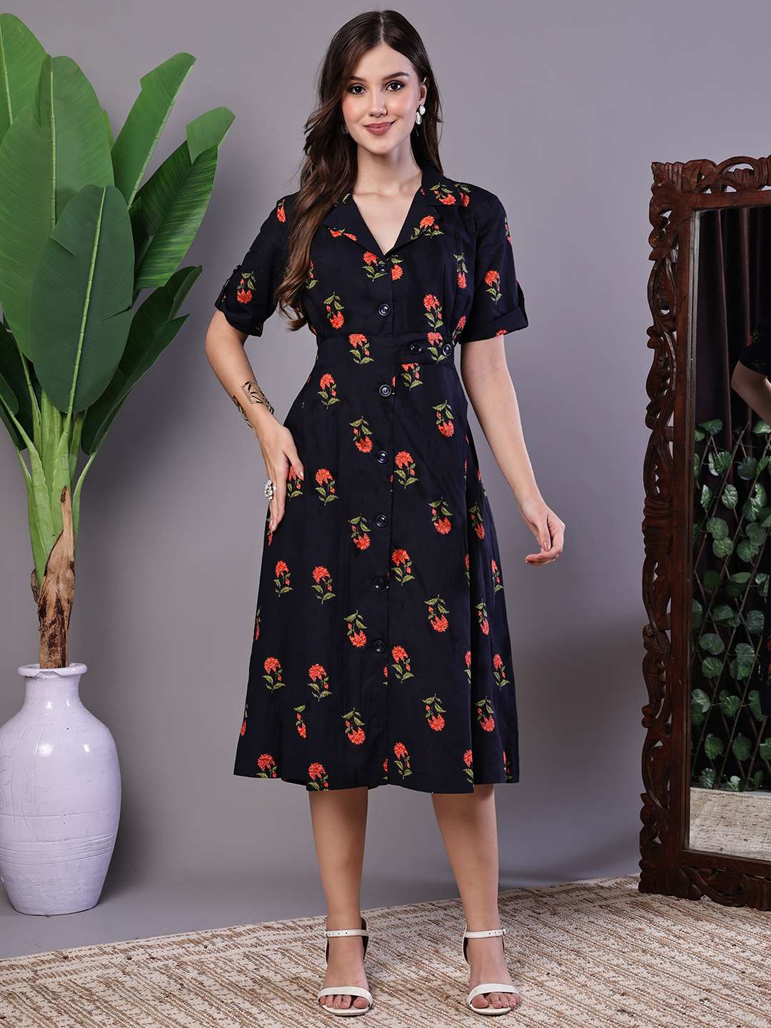 Women's Elegant Indigo & Orange Floral Block Print Cotton Shirt Dress - Image 3