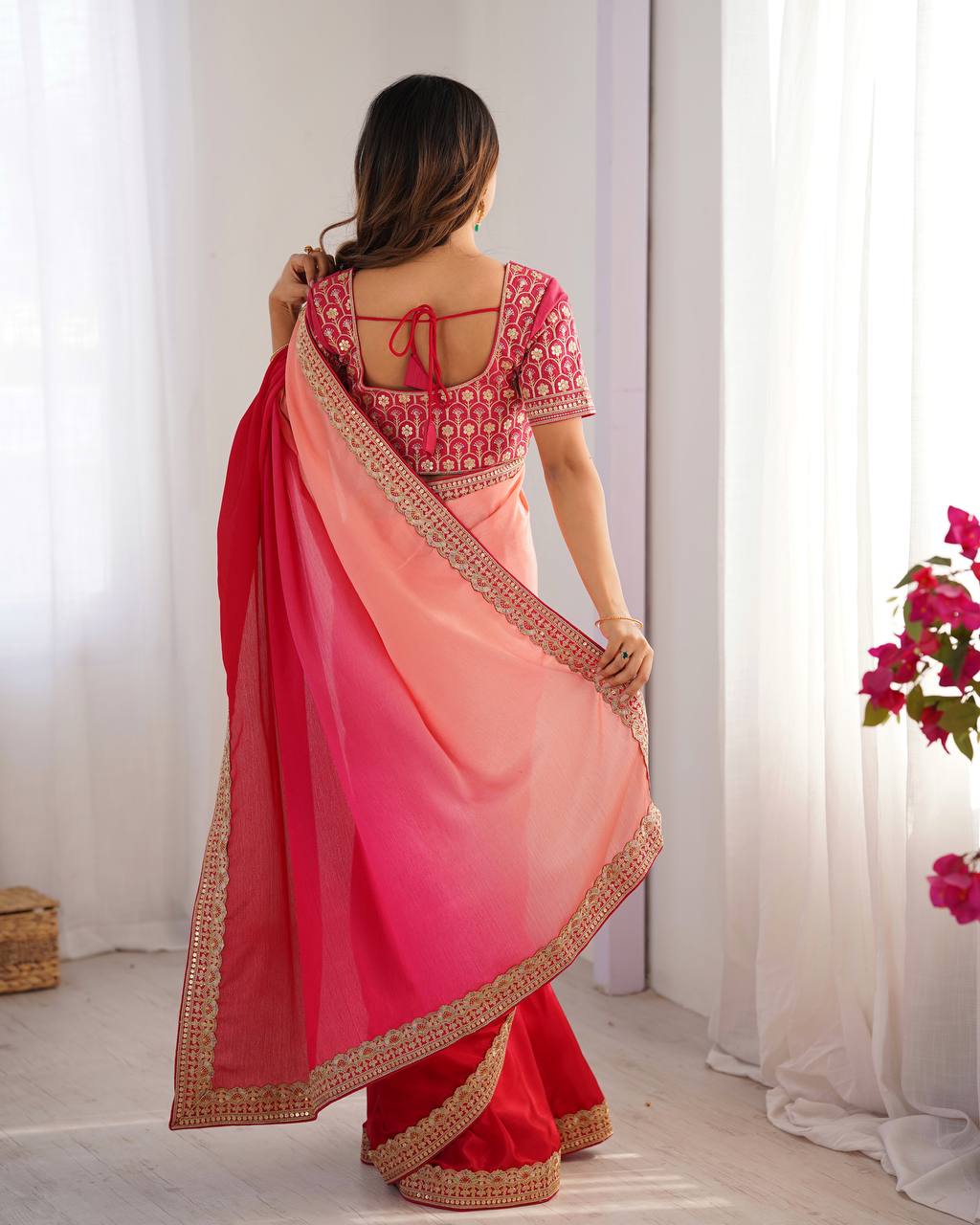 Women's Elegant Ombre Green Georgette Saree with Intricate Golden Zari & Stone Embellishments β Complete with Heavily Worked Blouse for Festive & Wedding Wear - Image 21