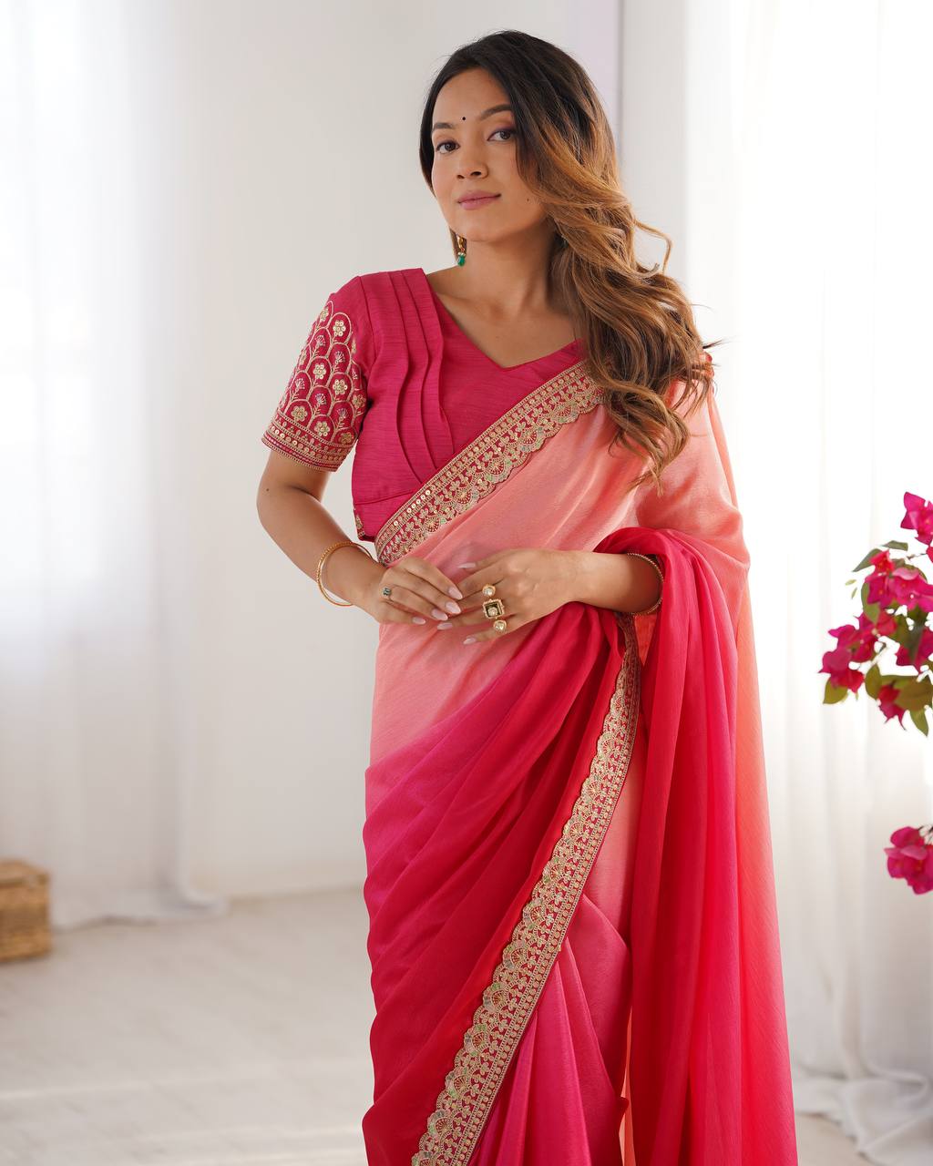 Women's Elegant Ombre Green Georgette Saree with Intricate Golden Zari & Stone Embellishments β Complete with Heavily Worked Blouse for Festive & Wedding Wear - Image 20