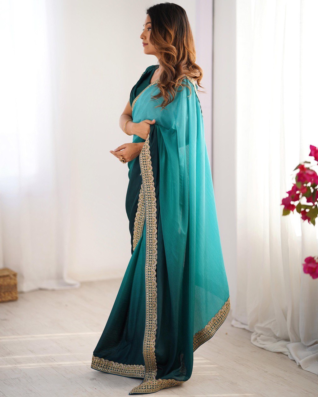 Women's Elegant Ombre Green Georgette Saree with Intricate Golden Zari & Stone Embellishments β Complete with Heavily Worked Blouse for Festive & Wedding Wear - Image 14