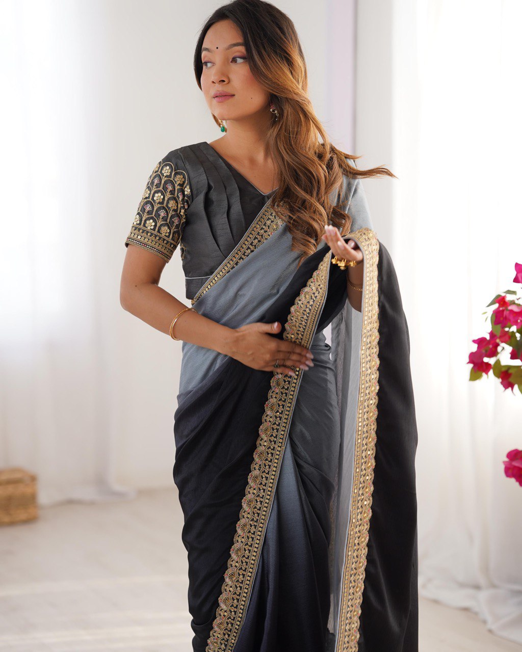 Women's Elegant Ombre Green Georgette Saree with Intricate Golden Zari & Stone Embellishments β Complete with Heavily Worked Blouse for Festive & Wedding Wear - Image 3